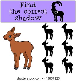 Educational game: Find the correct shadow. Little cute baby ibex smiles.