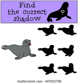 Educational game: Find the correct shadow. Little cute fur seal smiles.