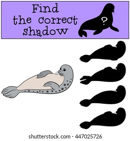 Educational game: Find the correct shadow. Little cute fur seal smiles.