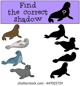 Educational game: Find the correct shadow. Little cute fur seals.