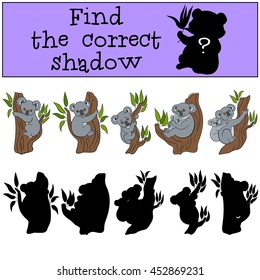 Educational game: Find the correct shadow. Little cute koala smiles.