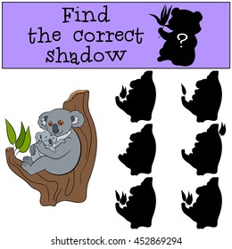 Educational game: Find the correct shadow. Mother koala sits on the tree branch with her little cute baby and smiles.