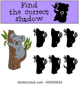 Educational game: Find the correct shadow. Little cute baby koala sits on the tree branch and smiles.