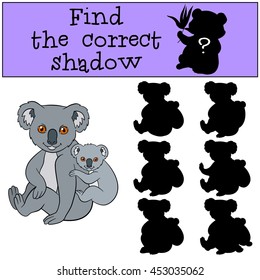 Educational game: Find the correct shadow. Mother koala sits with her little cute baby and smiles.