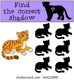 Educational game: Find the correct shadow. Little cute baby jaguar smiles.