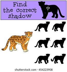 Educational game: Find the correct shadow. Cute spotted jaguar stands and smiles.
