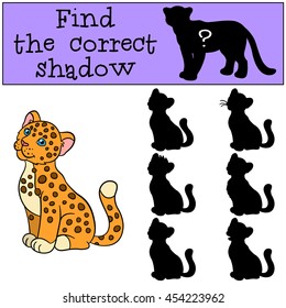 Educational game: Find the correct shadow. Little cute baby jaguar smiles.