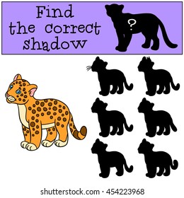 Educational game: Find the correct shadow. Little cute baby jaguar smiles.