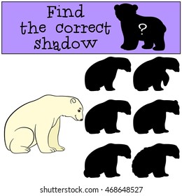 Educational game: Find the correct shadow. Cute polar bear sits and smiles.