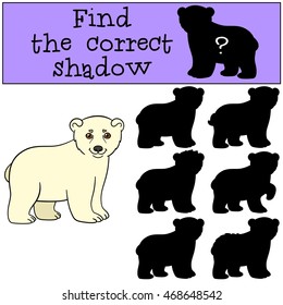 Educational game: Find the correct shadow. Little cute baby polar bear smiles.