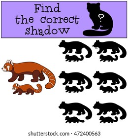 Educational game: Find the correct shadow. Mother red panda walks with her little cute baby.