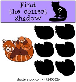 Educational game: Find the correct shadow. Mother red panda with her little cute baby.