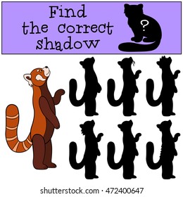 Educational game: Find the correct shadow. Little cute red panda stands and smiles.
