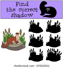 Educational game: Find the correct shadow. Little cute otter stands on the stone and smiles.