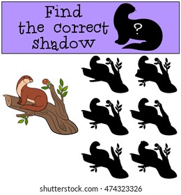 Educational game: Find the correct shadow. Little cute otter sits on the tree branch and smiles.