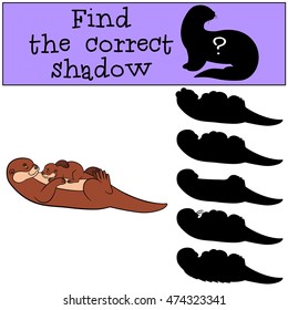 Educational game: Find the correct shadow. Mother otter swims with her little cute baby and smiles.