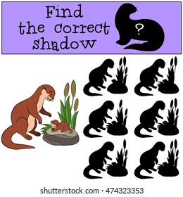 Educational game: Find the correct shadow. Mother otter looks at her little cute baby and smiles.