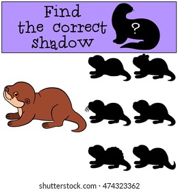 Educational game: Find the correct shadow. Little cute baby otter stands and smiles.