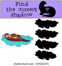 Educational game: Find the correct shadow. Mother otter swims with her little cute baby and smiles.