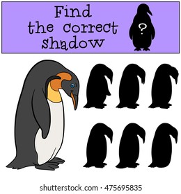 Educational game: Find the correct shadow. Little cute penguin stands and smiles.