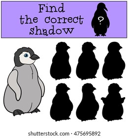 Educational game: Find the correct shadow. Little cute baby penguin stands and smiles.