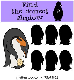 Educational game: Find the correct shadow. Father penguin looks at the egg and smiles.