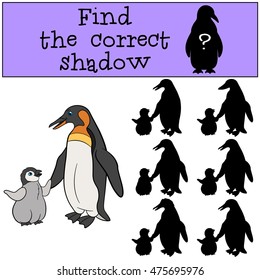 Educational game: Find the correct shadow. Mother penguin with her little cute baby.