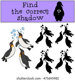 Educational game: Find the correct shadow. Three little cute penguins swim and smile.