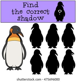 Educational game: Find the correct shadow. Little cute penguin stands and smiles.