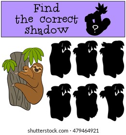 Educational game: Find the correct shadow. Mother sloth with her little cute baby.