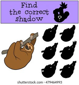 Educational game: Find the correct shadow. Cute lazy sloth hangs on the tree branch and smiles.