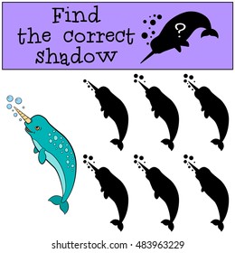 Educational game: Find the correct shadow. Little cute narwhale swims and smiles.