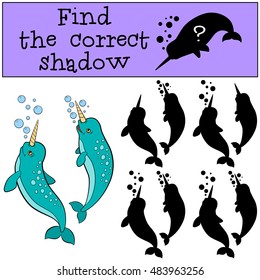 Educational game: Find the correct shadow. Two little cute narwhals swim and smile.