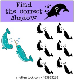 Educational game: Find the correct shadow. Two little cute narwhals swim and smile.