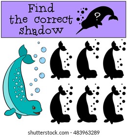 Educational game: Find the correct shadow. Little cute lady narwhal swims and smiles.