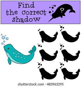 Educational game: Find the correct shadow. Little cute lady narwhal swims and smiles.