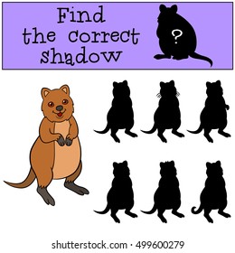 Educational game: Find the correct shadow. Little cute quokka stands and smiles.