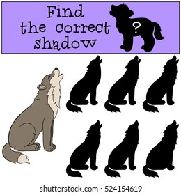 Educational game: Find the correct shadow. Cute beautiful wolf sits and howls.