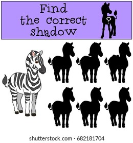 Educational game: Find the correct shadow. Cute beautiful zebra smiles.