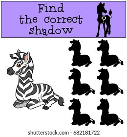 Educational game: Find the correct shadow. Little cute zebra smiles.