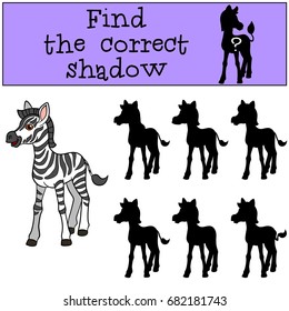 Educational game: Find the correct shadow. Little cute zebra smiles.