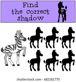 Educational game: Find the correct shadow. Little cute zebra smiles.