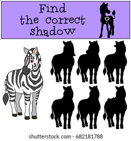 Educational game: Find the correct shadow. Cute beautiful zebra smiles.