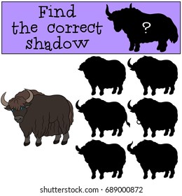 Educational game: Find the correct shadow. Cute beautiful yak smiles.