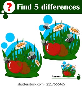 Educational game: Find differences. Cute flies hover over spoiled apples
