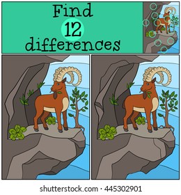 Educational game: Find differences. Cute ibex with great horns stands on the rock and eat leaves.