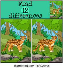 Educational game: Find differences. Cute spotted jaguar stands in the forest and smiles.
