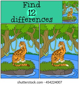 Educational game: Find differences. Cute spotted jaguar sits on the grass in the forest and smiles.