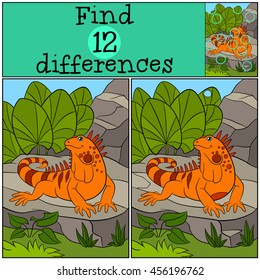 Educational game: Find differences. Cute iguana sits on the rock and smiles.