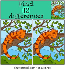 Educational game: Find differences. Cute iguana sits on the tree branch and smiles.
